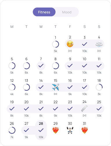Monthly fitness calendar showing a user's completed streaks, travel and sick days