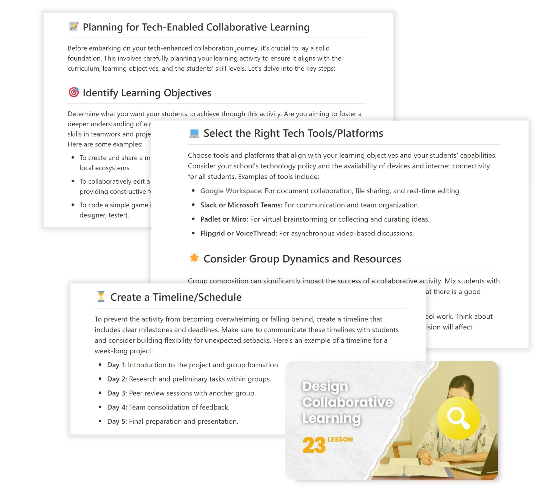 Snapshot of a practical, step-by-step guide lesson in Notion, part of the Professional Development Pack, designed to implement new teaching practices effectively.