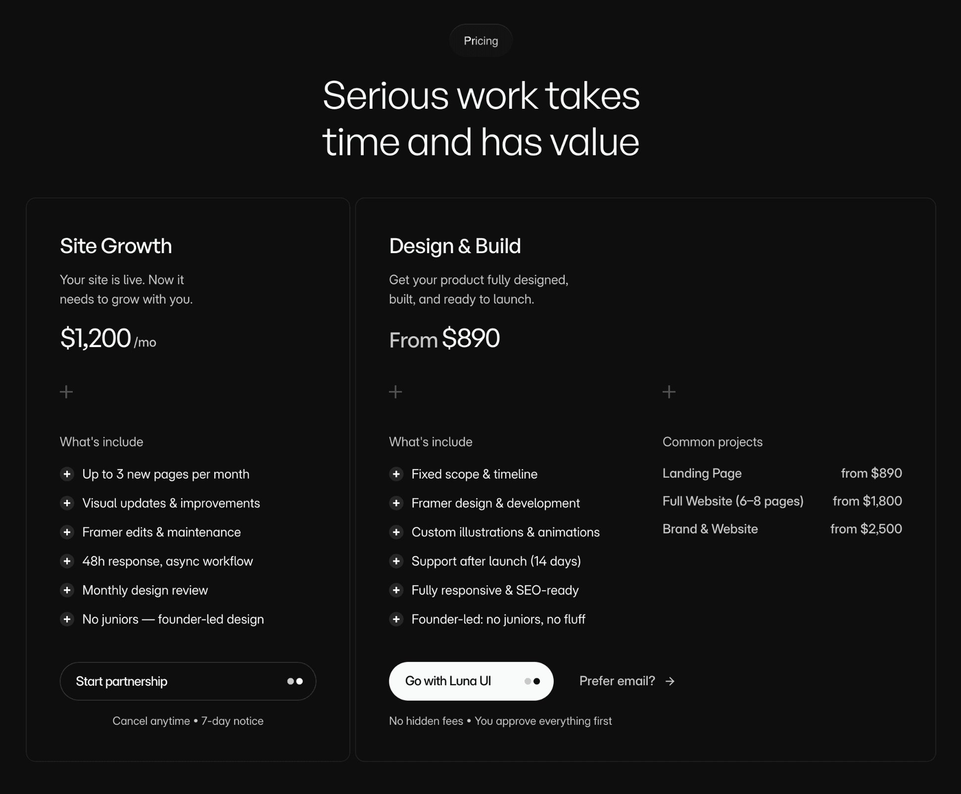 Luna UI design studio pricing page showing transparent rates from $890 — example of a studio that shows pricing upfront without hidden fees
