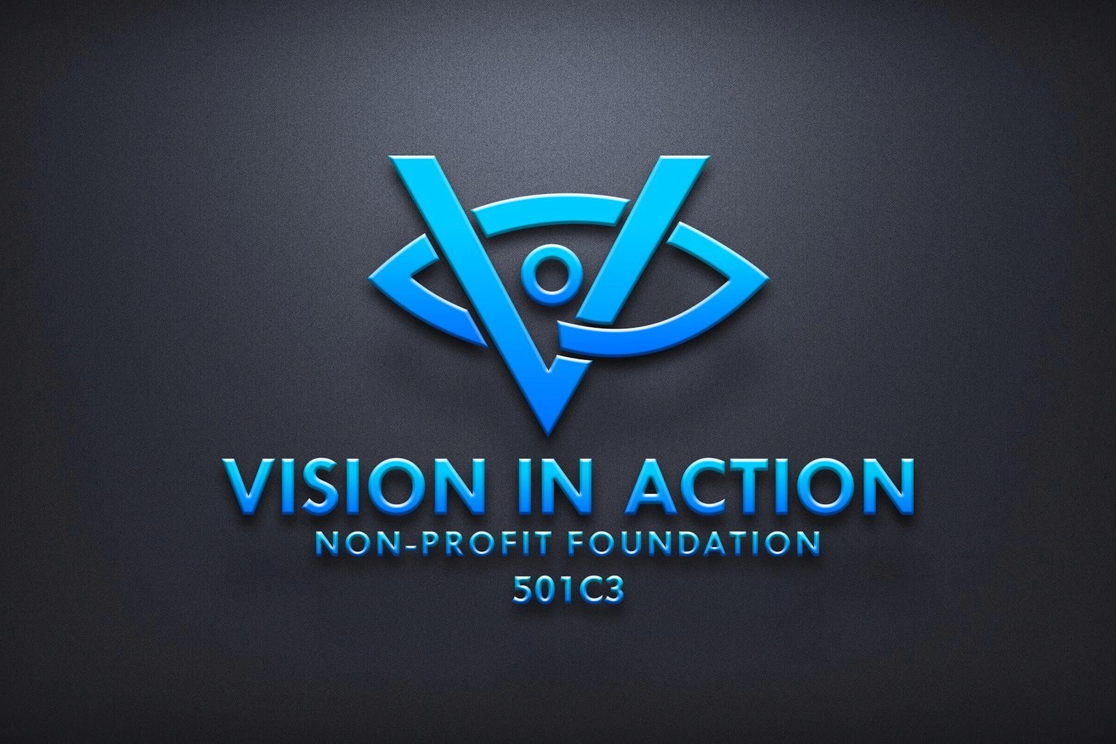 Blue Vision In Action Foundation logo with stylized eye and “Non-Profit Foundation 501C3” text on dark background.