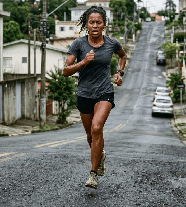 Corredora subindo uma rua durante treino para fortalecer a perna e sustentar melhor os 10KM.