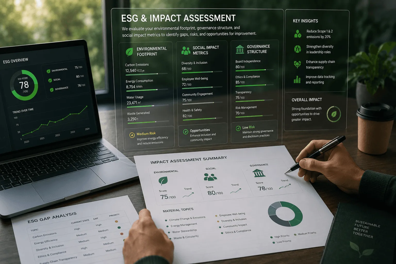ESG performance and impact assessment dashboard.
