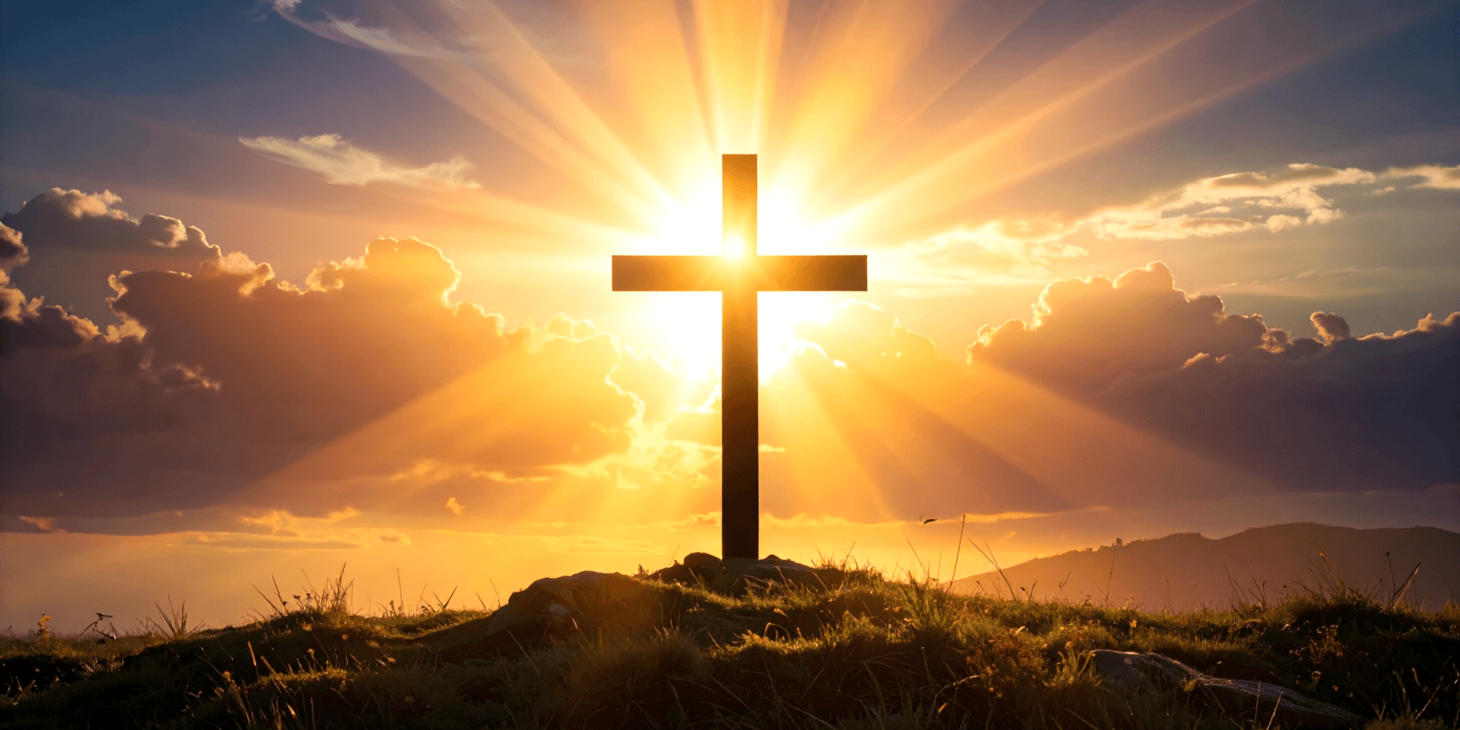 Silhouette of Christian cross on hill with radiant sunlight breaking through clouds at sunrise.
