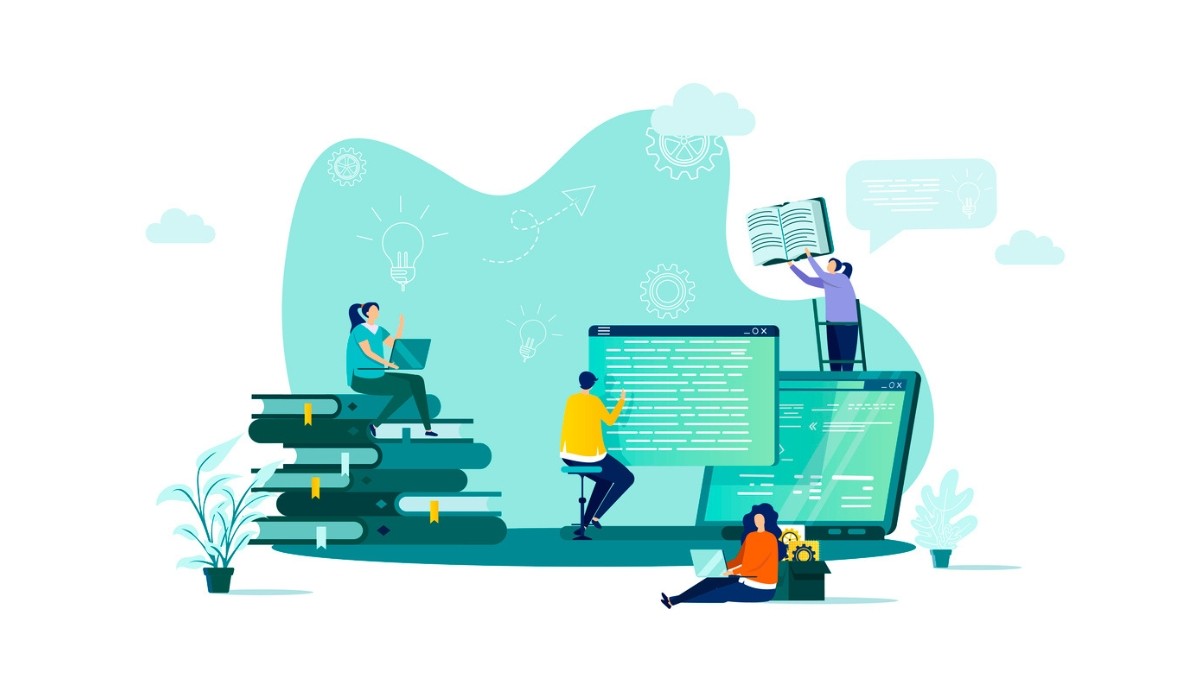 Illustration of a person surrounded by symbols like a question mark, light bulb, gears, and puzzle pieces.