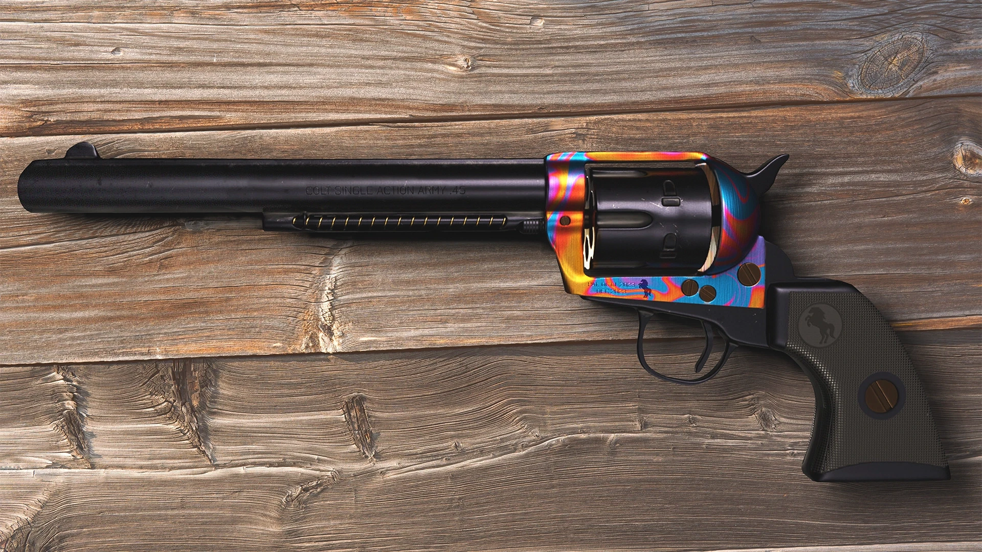 3D model of a modern revolver placed on a wooden table