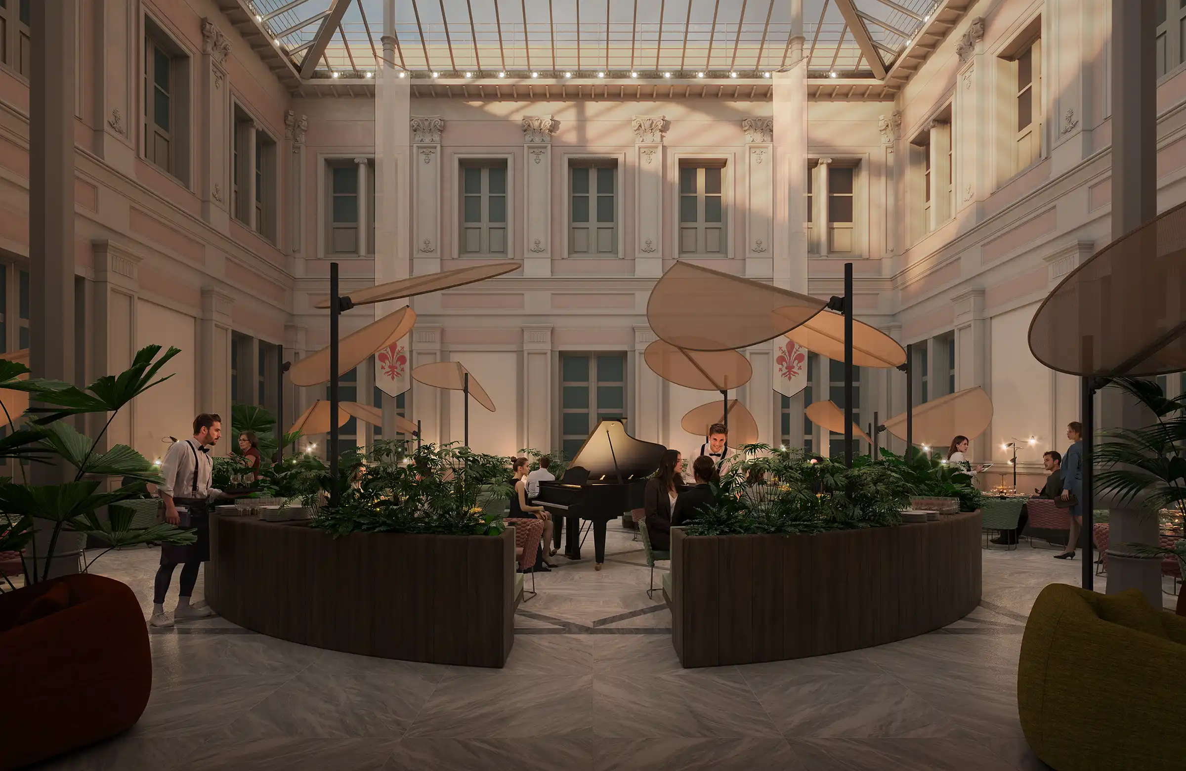 Elegant indoor courtyard lounge in a historic building with glass roof, grand piano, modern seating, and lush planters. Sophisticated hotel or restaurant atrium 3D rendering.