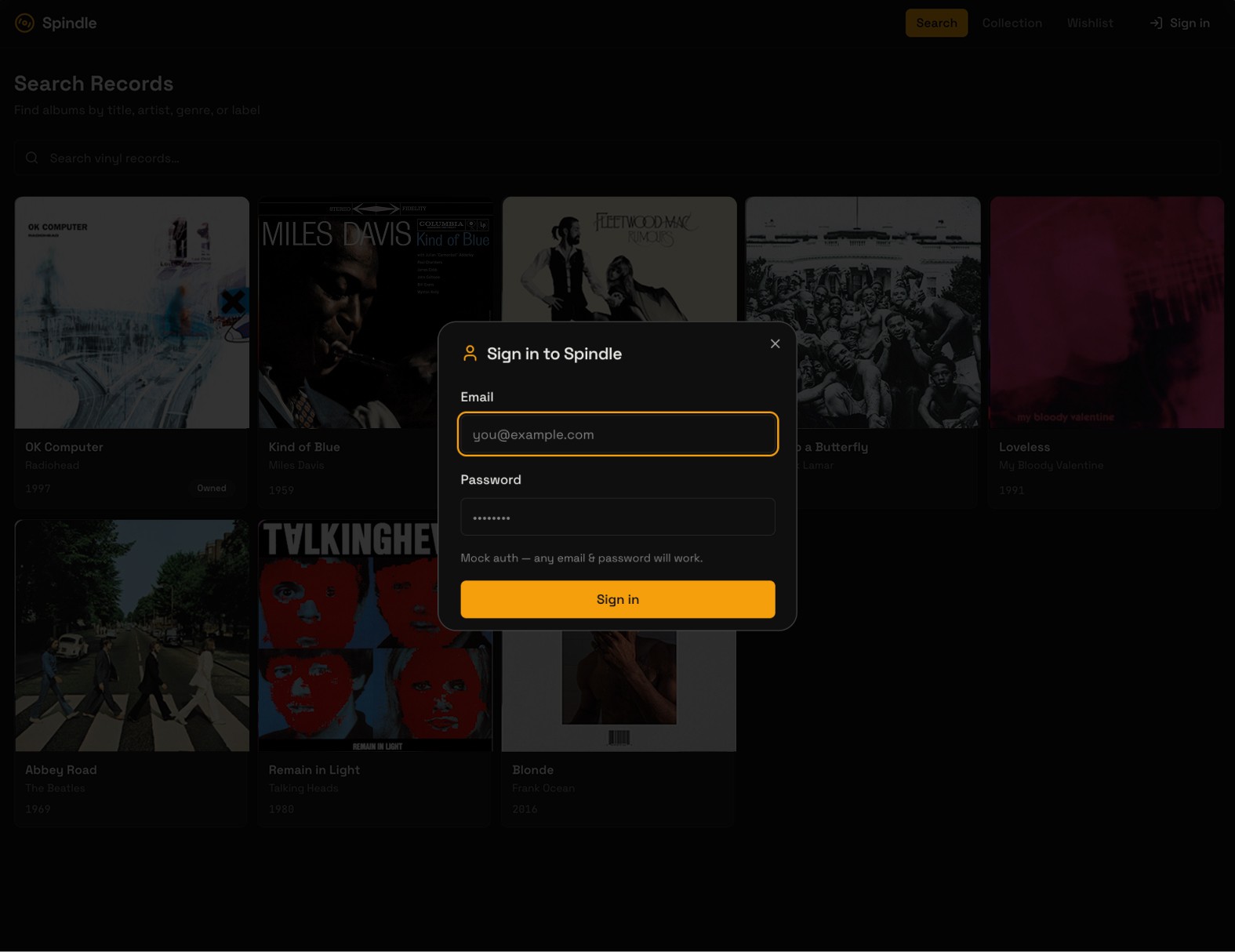 Screenshot of user sign in modal.