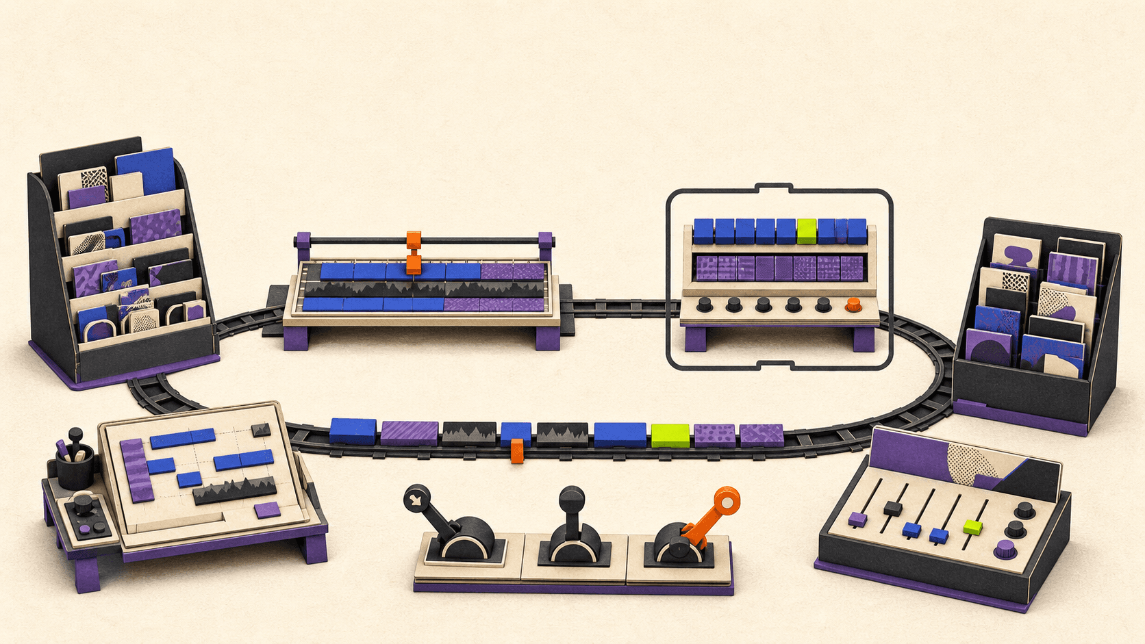 A circular rail network connects separate music production workspaces for arranging patterns, editing notes, browsing sounds, and mixing.
