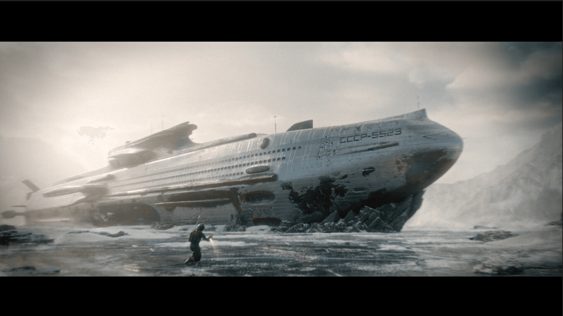 created by Dexity, a Minecraft service build team that is an official Minecraft partner. This showcases a fictional atompunk 1960s styled soviet nuclear powered submarine stranded on sharp rock cliffs in the middle of a frozen over ocean. A explorer with a scanner explores the wreckage.