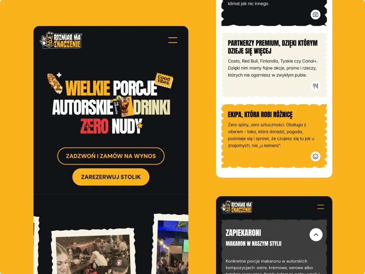 Screenshots of the RozmiarMaZnaczenie website showcasing its unique brand style and functional menu interface built on Framer.