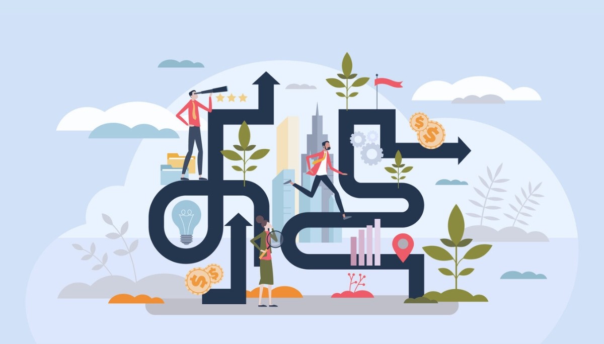 Illustration of a winding path filled with symbols of learning and progress—people using a telescope, magnifying glass, and running along the route, surrounded by icons like gears, light bulbs, charts, dollar signs, and a location pin—representing the long, multi‑step journey toward becoming an engineer.