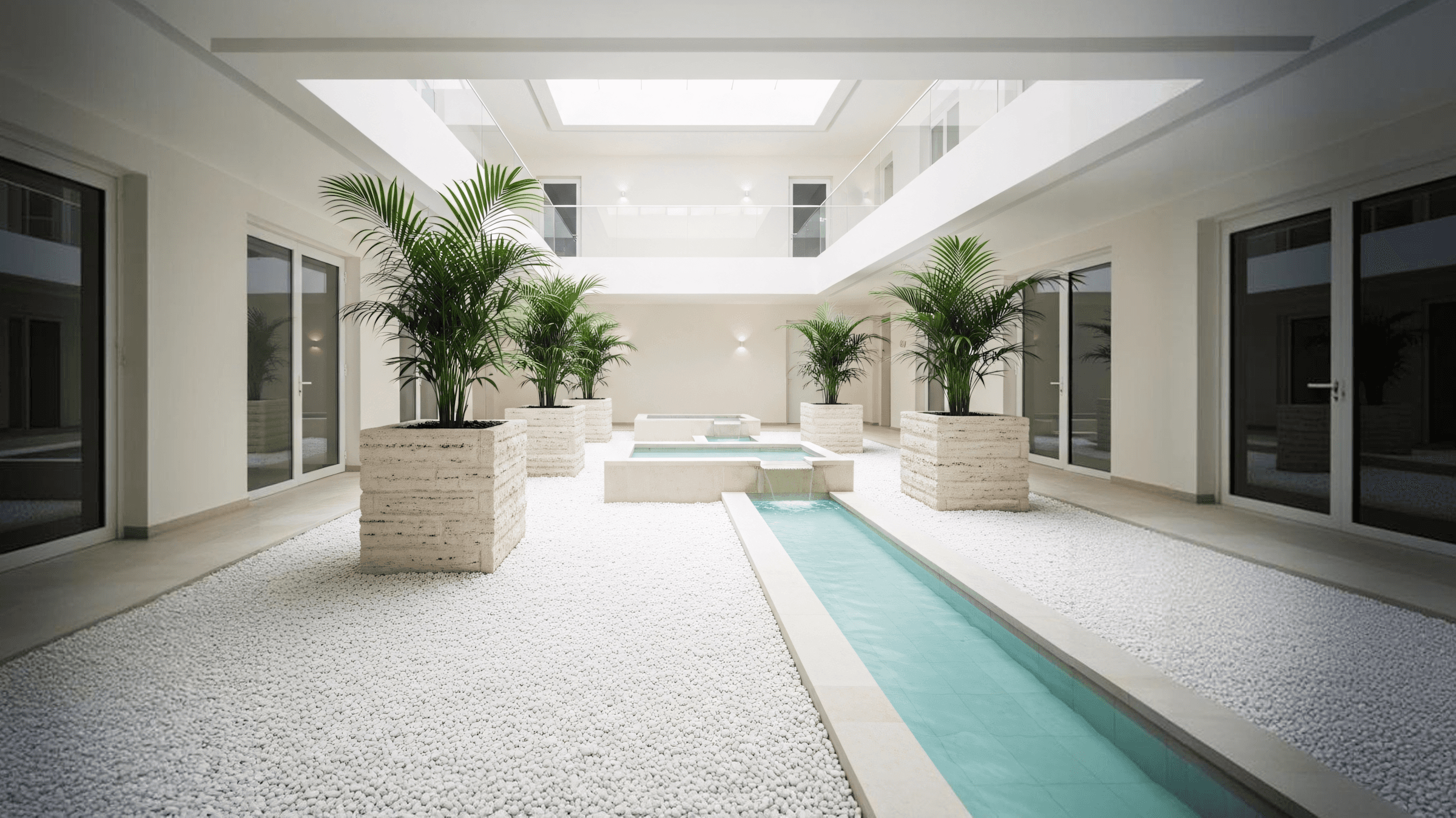 A modern interior space with a narrow pool, large windows, and potted plants, creating a bright, airy atmosphere.