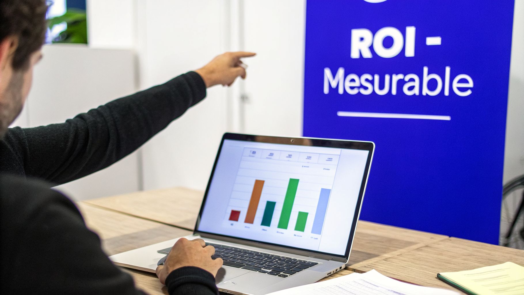 Personne travaillant sur un ordinateur portable, pointant un écran bleu affichant 