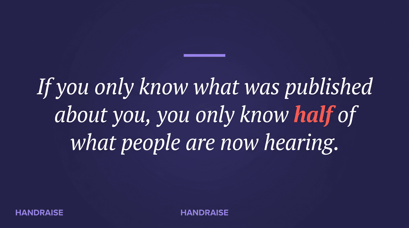 A pull quote on a deep purple background reading that if you only know what was published about you, you only know half of what people are now hearing