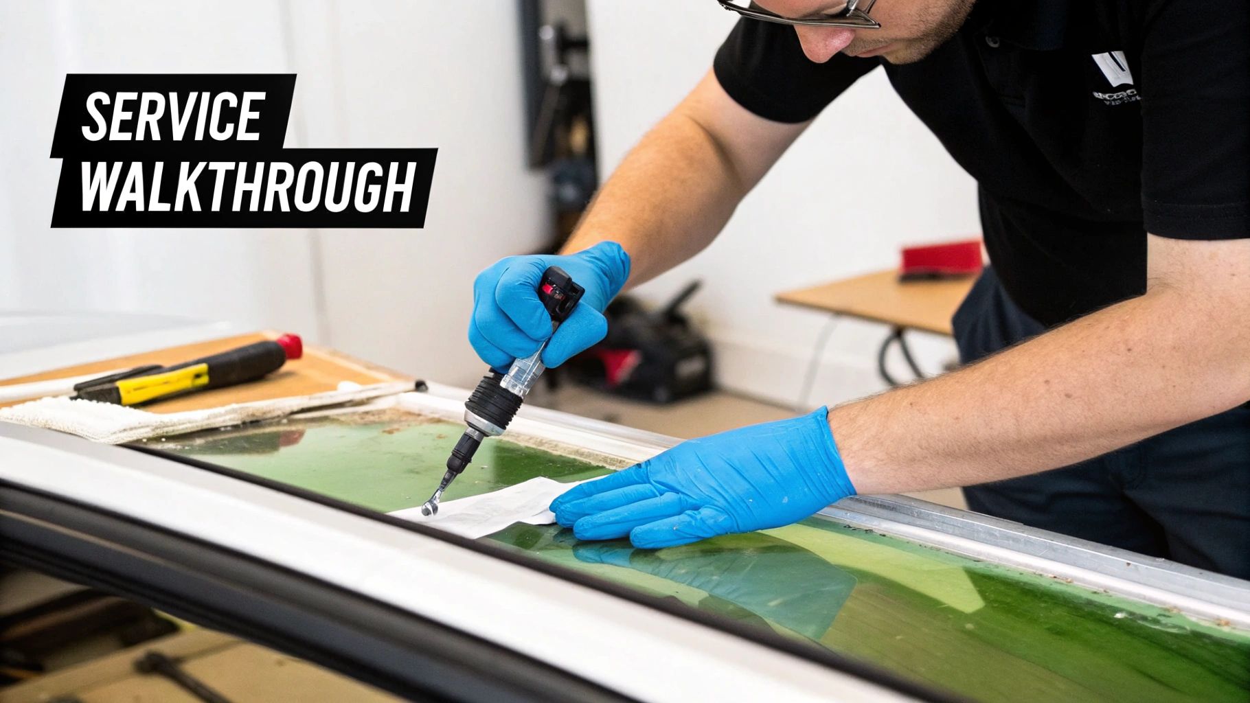 A technician in blue gloves meticulously works on automotive window glass with a specialized tool.