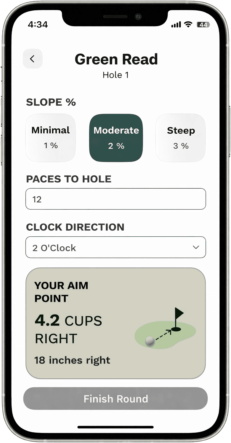 Screen of PacePoint Pro golf green reading app showing slope %, paces to hole and, clock direction inputs, and putting aim point output.