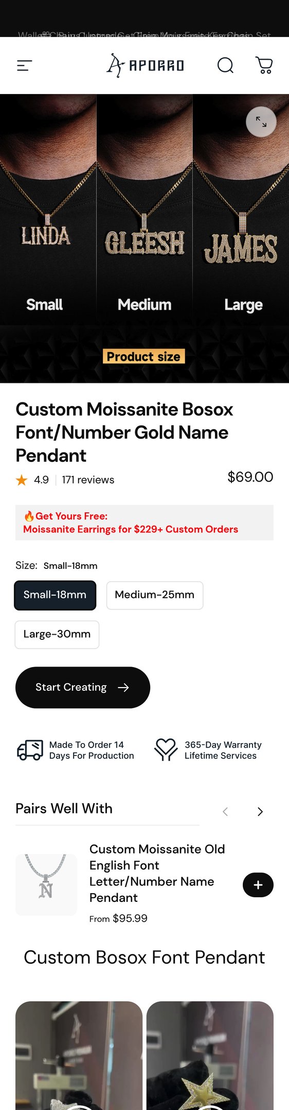 Jewelry product options include: necklace, pendant for Custom Moissanite Bosox Font/Number Gold Name Pendant from APORRO.