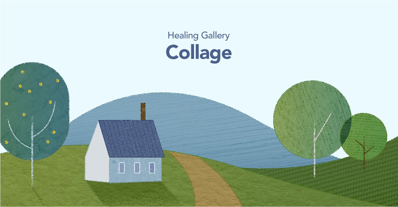 자연 풍경의 콜라쥬 일러스트로 구성된 힐링 콘텐츠 화면