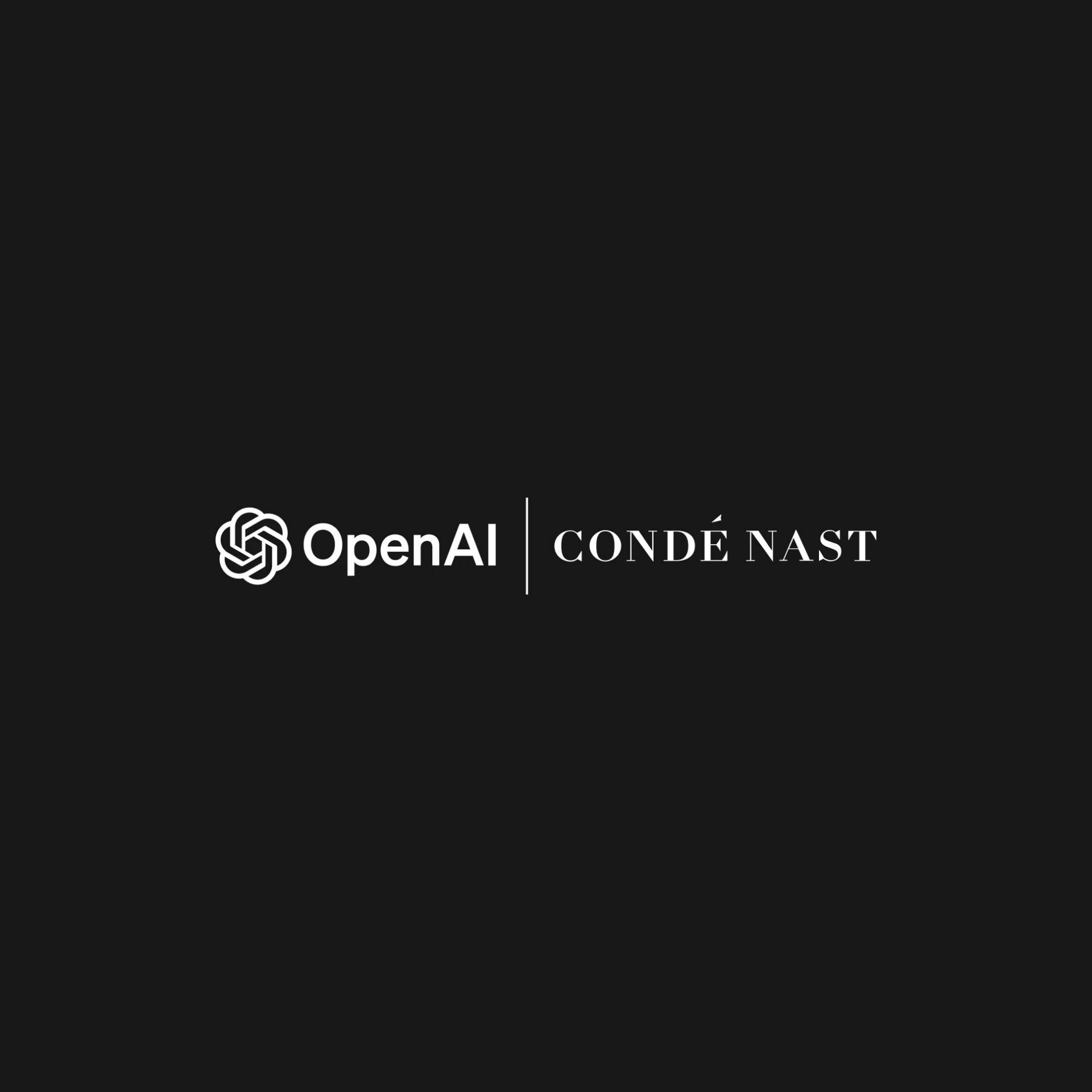 The logos of OpenAI and Condé Nast, both in white, are positioned side by side with a vertical line separating them. The background of the image is black. This visual represents the news about OpenAI’s multi-year deal with Condé Nast to integrate Condé Nast’s content into OpenAI’s AI products.