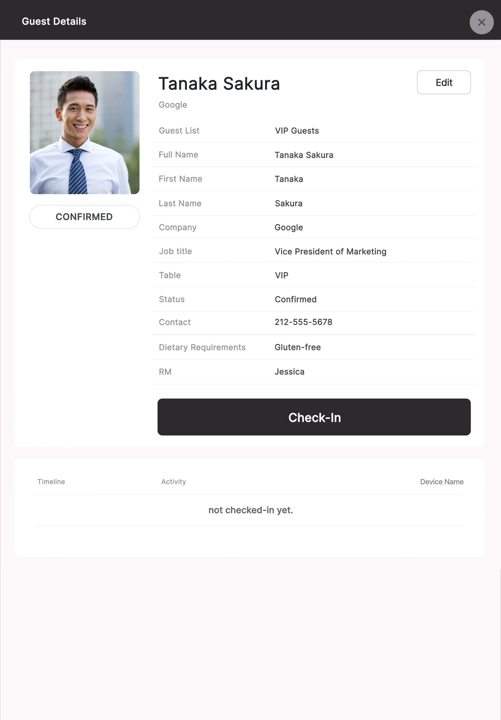 Check-in Pax tablet UI showing guest details before event check-in