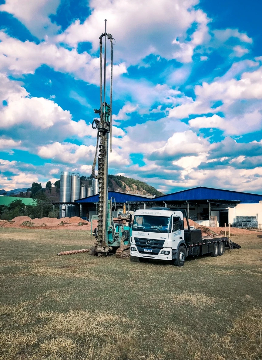 Máquina perfuratriz e um caminhão-plataforma branco em um campo de grama, com uma broca extra no chão. Ao fundo, silos industriais e um galpão. O céu é azul com grandes nuvens brancas e dramáticas.