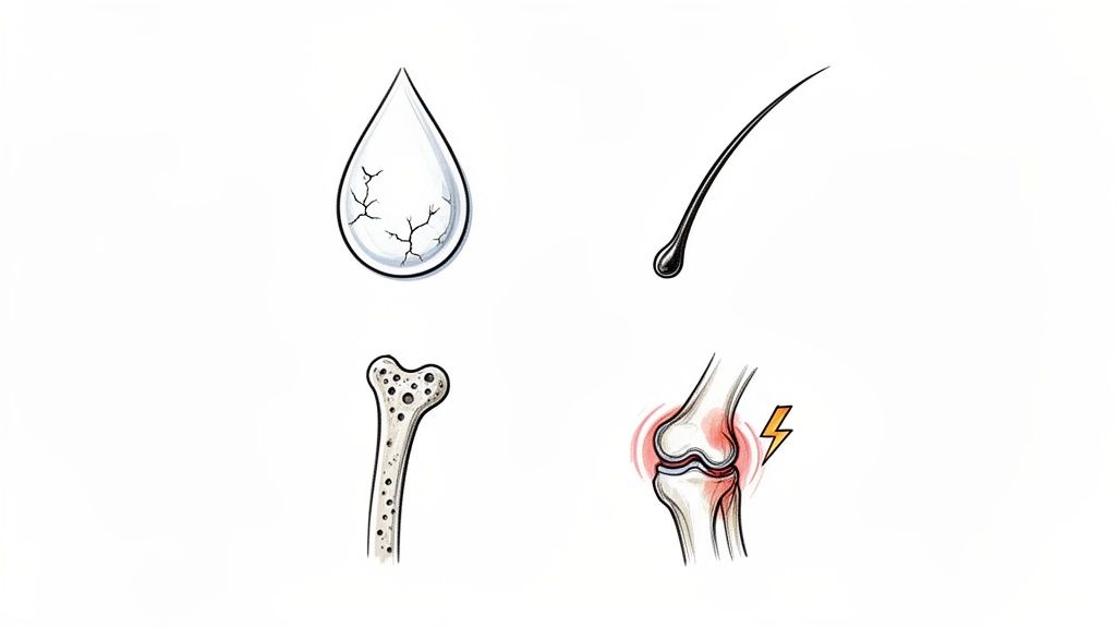 Illustrations showing signs of low estrogen: dry eye, hair loss, porous bone, and joint pain.