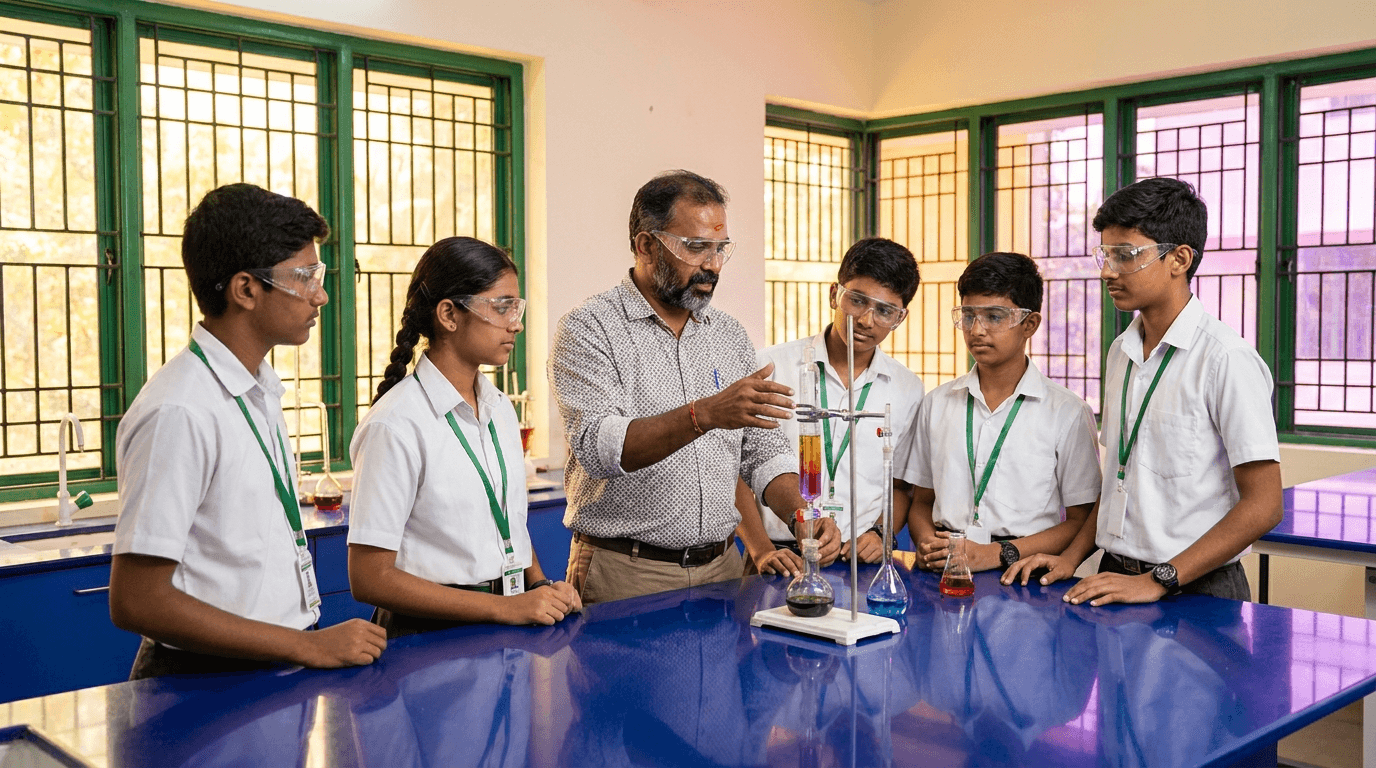 A science teacher guiding students through an experiment