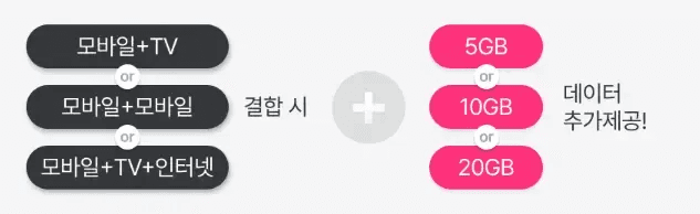 알뜰폰 인터넷 TV 결합 요금 이용 시 결합 구성에 따라 매달 5GB, 10GB, 최대 20GB까지 데이터를 추가로 제공하는 혜택을 정리한 이미지입니다. 사용자가 자신의 결합 방식에 따라 받을 수 있는 데이터 보너스를 한눈에 확인하여 알뜰폰 인터넷 TV 결합 요금의 실질적인 가성비를 파악할 수 있도록 돕는 시각 자료입니다.
