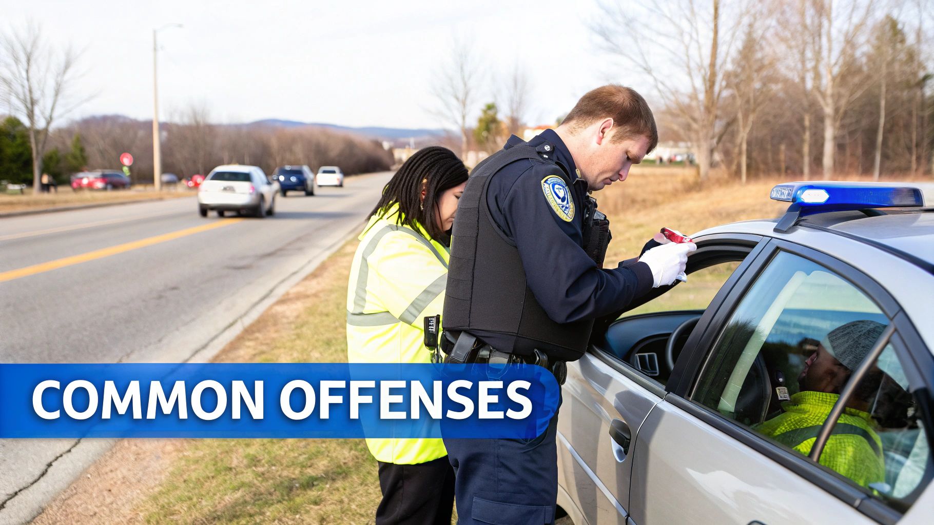 A police officer conducts a traffic stop, interacting with a person in a high-visibility vest and another in a police car.