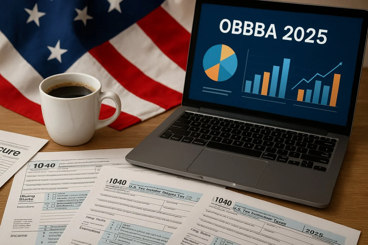 Desk with tax forms, a coffee cup, and a laptop displaying “OBBBA 2025” charts and graphs, with a faint American flag in the background.