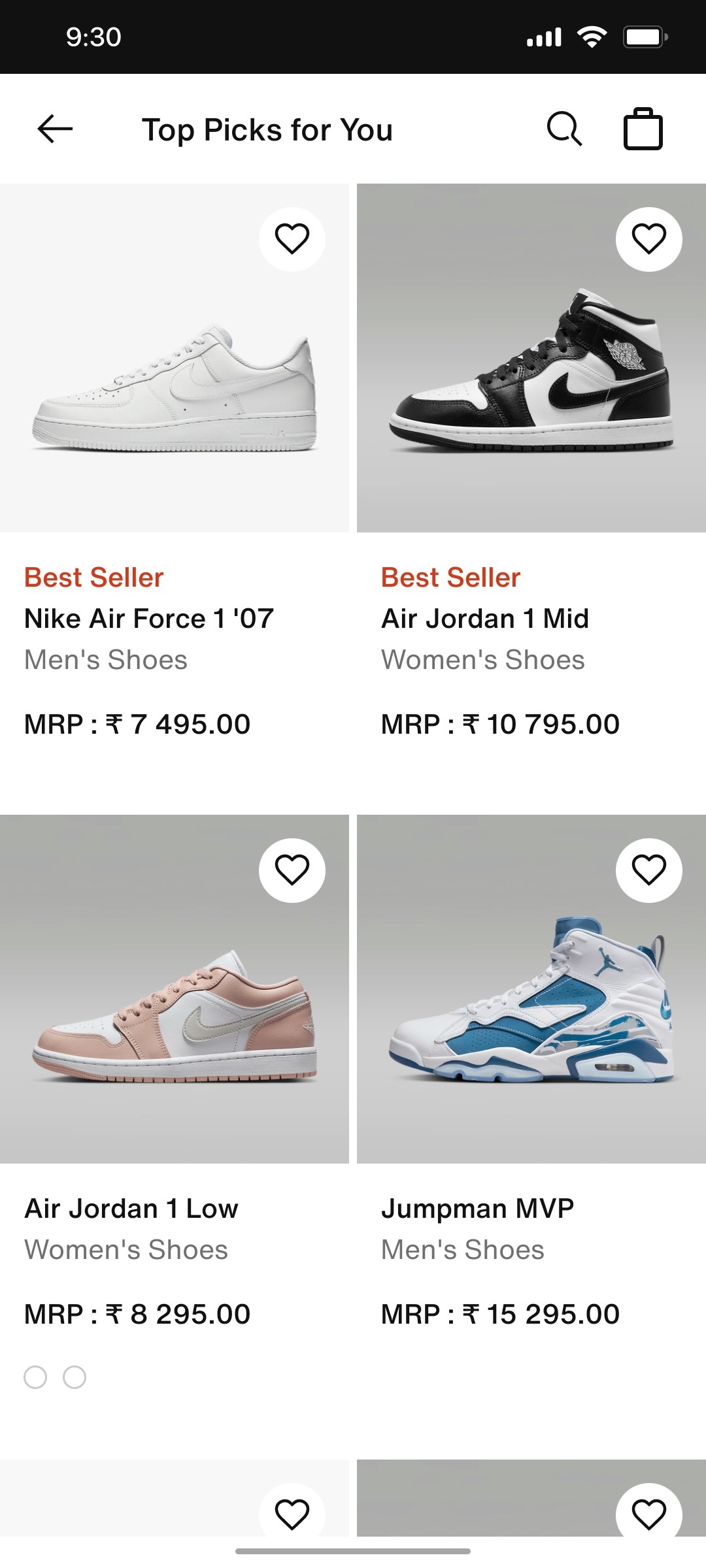Nike App Top Picks for you Screen