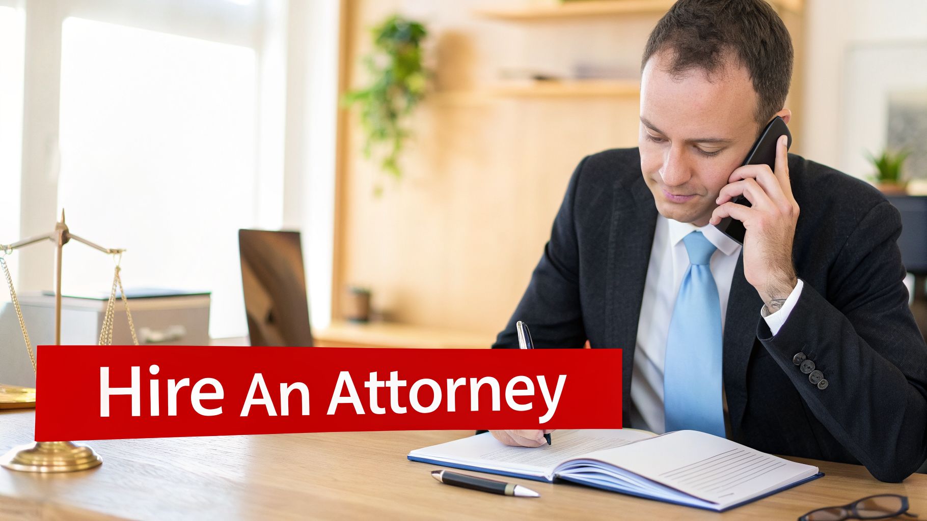 A male attorney on the phone and writing at a desk, with a justice scale and 'Hire An Attorney' text.