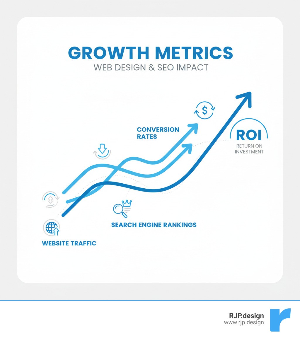 Infographic displaying a growth chart with upward trends for website traffic, search engine rankings, and conversion rates, symbolizing ROI - web design & seo company infographic 