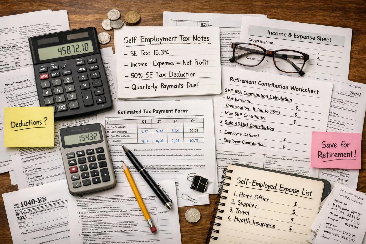 Planning desk with calculators, tax notes, and contribution worksheets, showing the complexity of self-employed tax calculations.