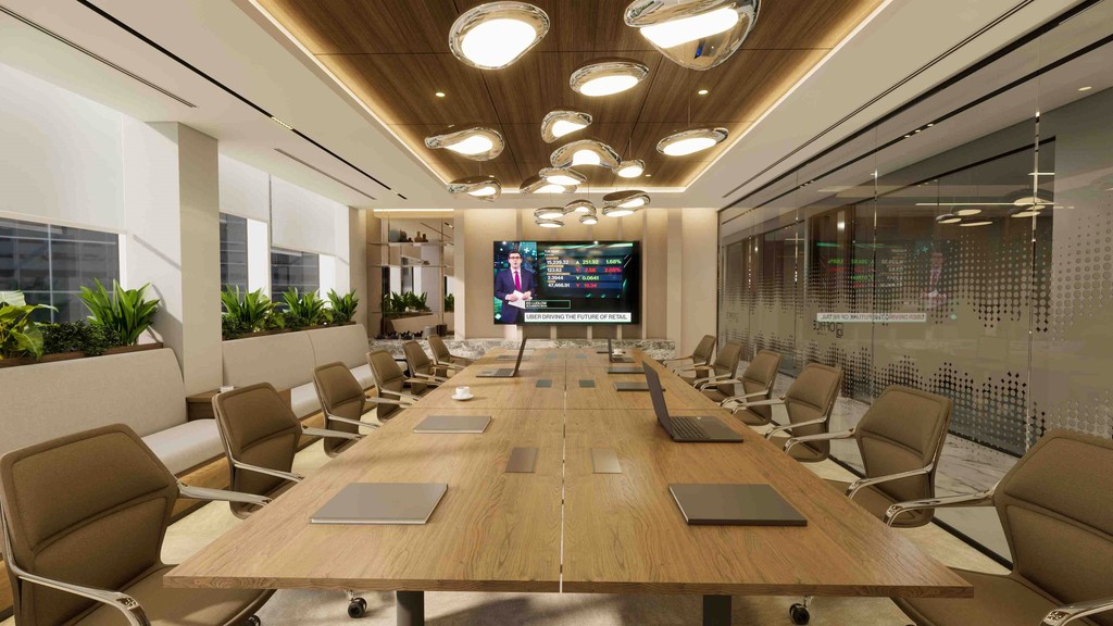 High-end business lounge with a collaborative work environment, perfect for strategy sessions and client meetings.