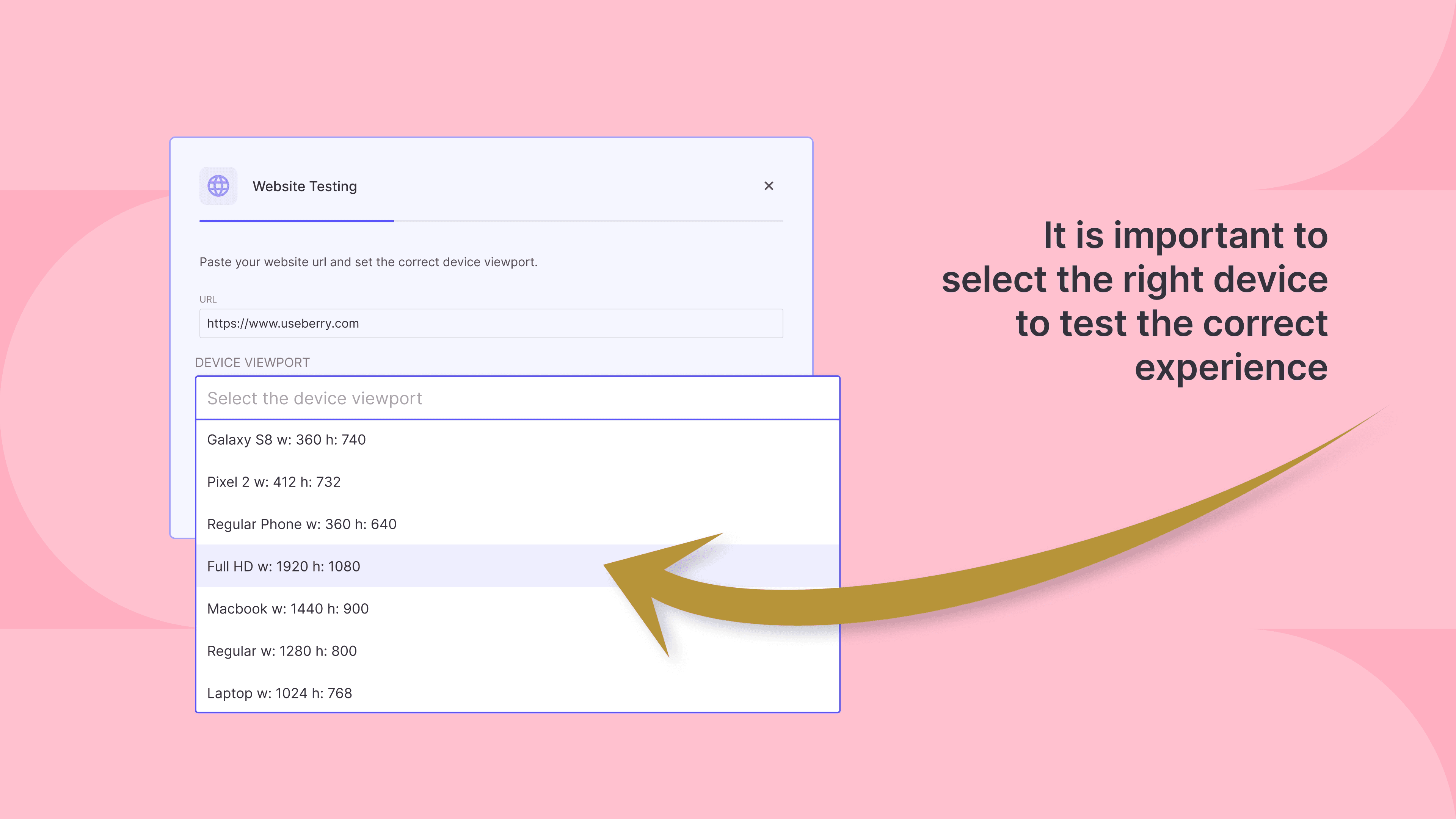 a dropdown menu showing different device viewport options in the Useberry website testing