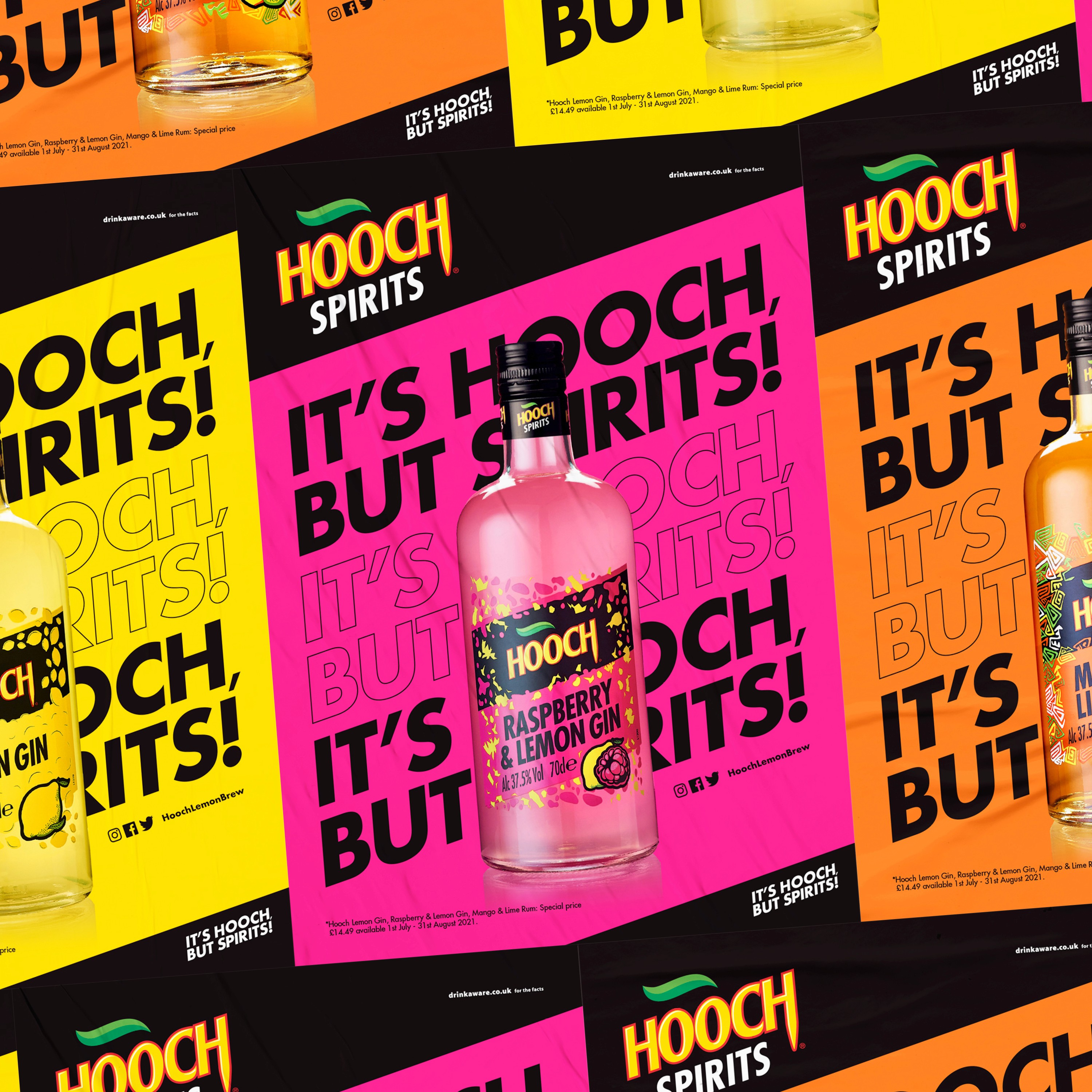 Hooch Spirits brand identity visuals showing bold typography, colour palette and playful graphic language.