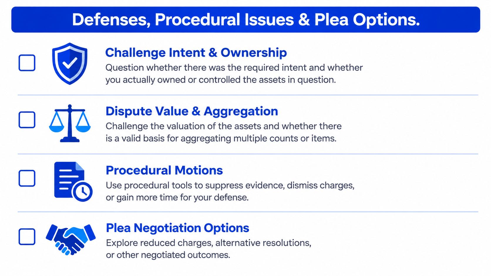 A graphic listing legal defense strategies including challenging intent, disputing asset valuation, procedural motions, and plea negotiations.