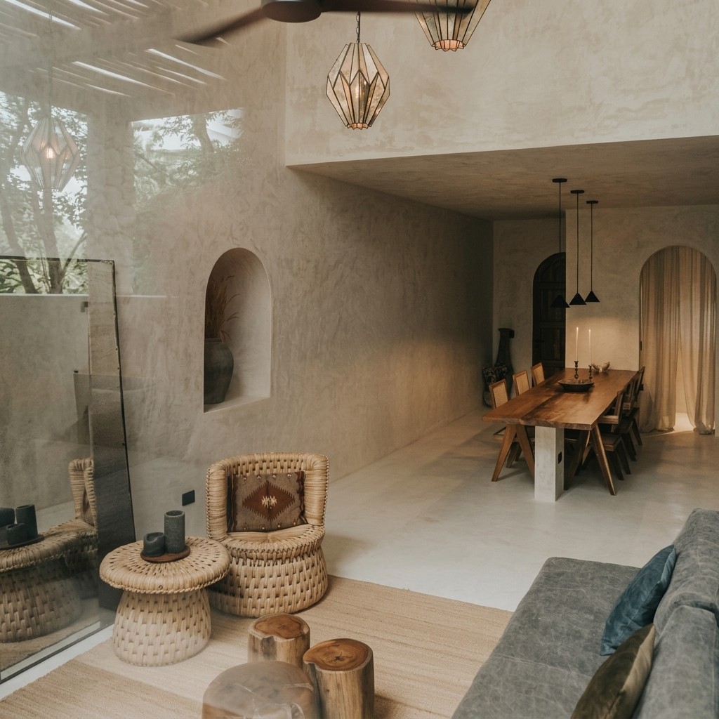 Earthy modern dining and living area with textured plaster walls, arched doorways, and woven seating.
