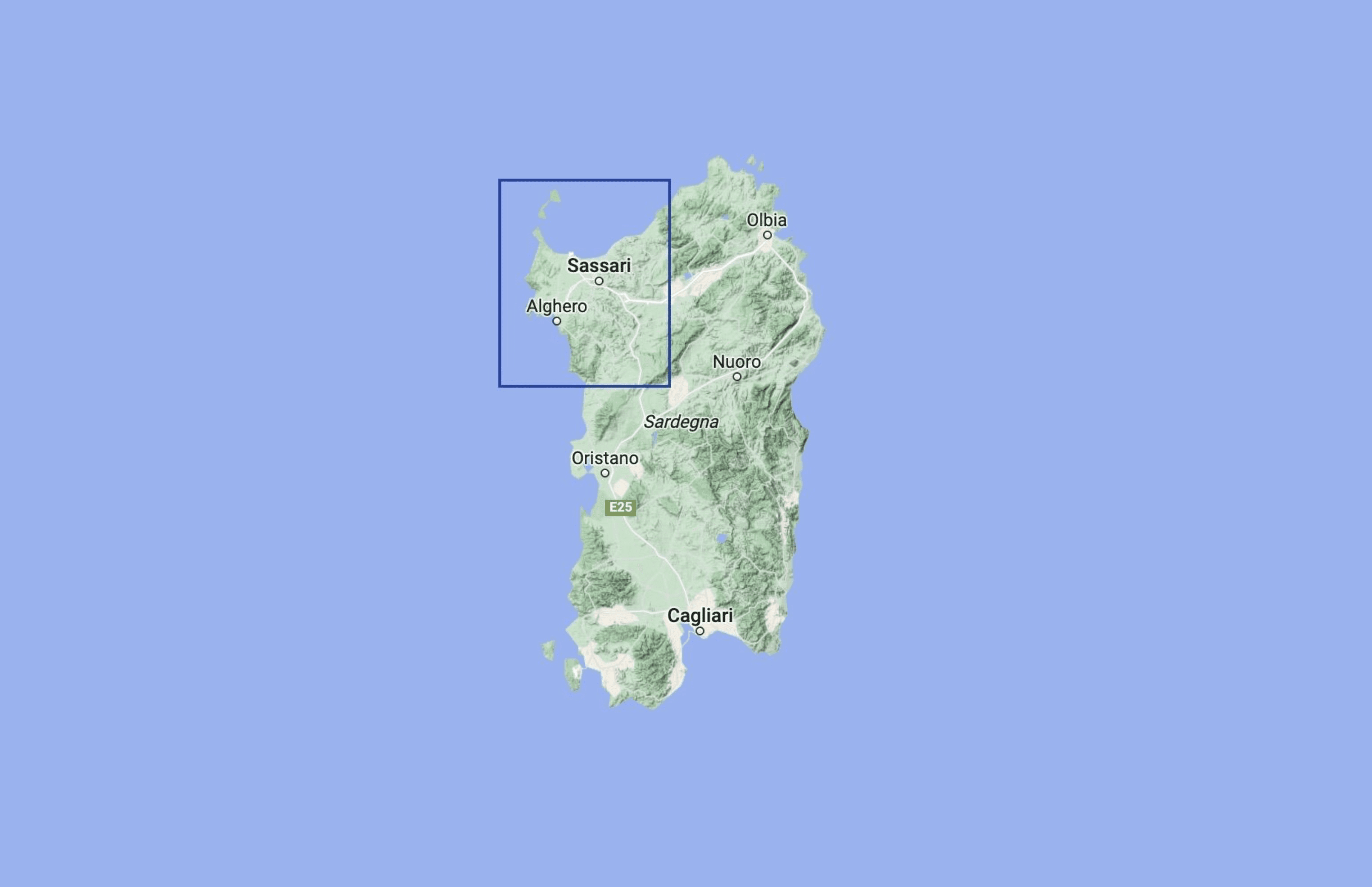 Map of Sardinia showing Nuoro, Oristano, Sassari, Bosa, Olbia, Cagliari, Alghero, La Maddalena, Villasimius and Porto Cervo included in the Bitcoin cost-of-living study.