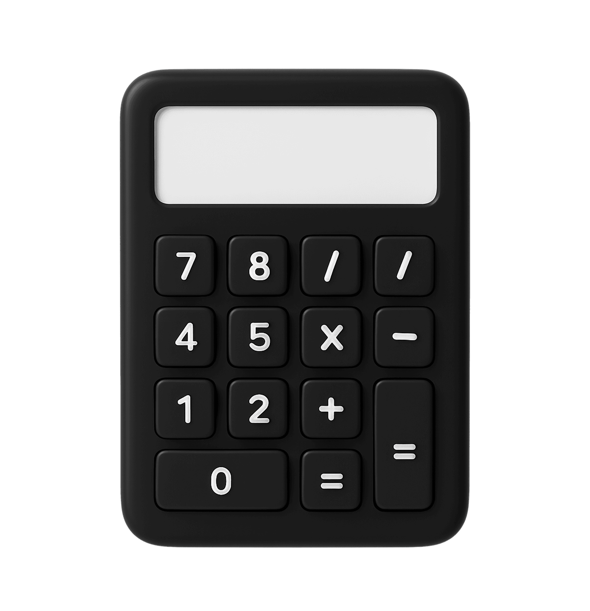 Black calculator with white display, numbers, and arithmetic symbols. Close-up shot.