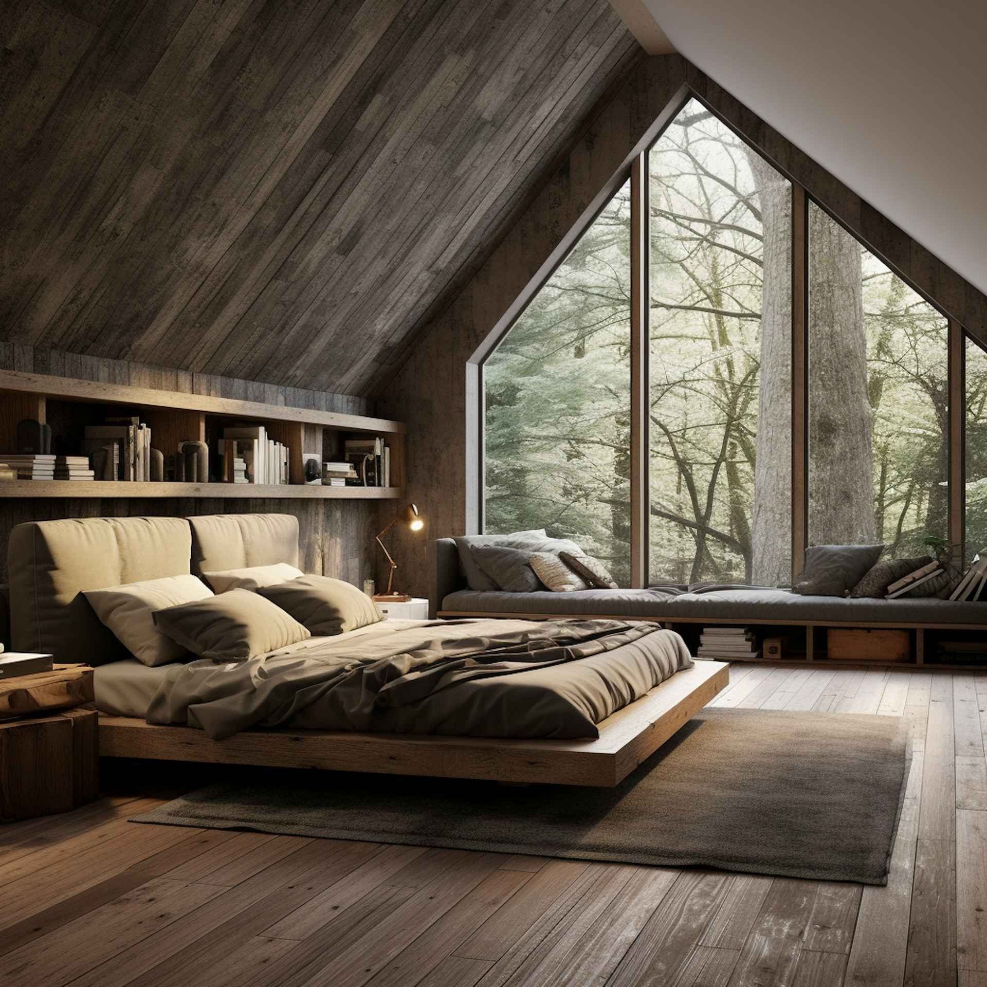 A bedroom in a wooden chalet set in an alpine forest