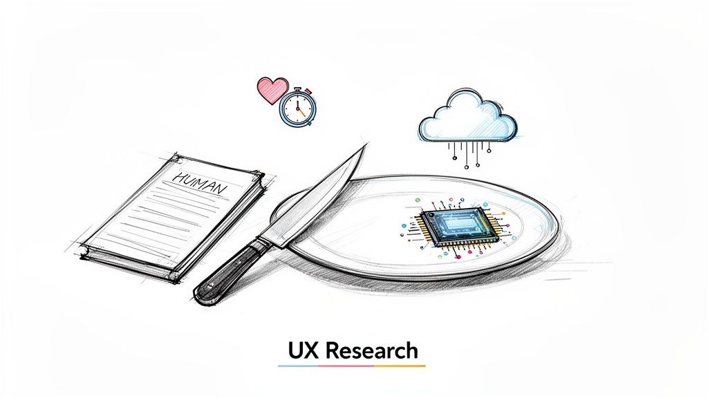 Sketch illustration of UX research elements: human book, knife, computer chip on plate, heart, stopwatch, and cloud.