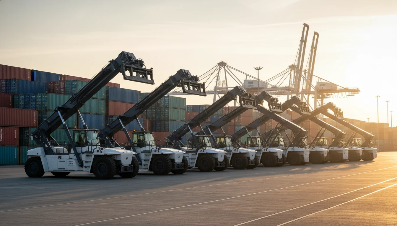 Flotte gewarteter Reachstacker am Hamburger Containerterminal im Sonnenuntergang