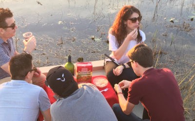 an elephant walking in a field next to a vehicle