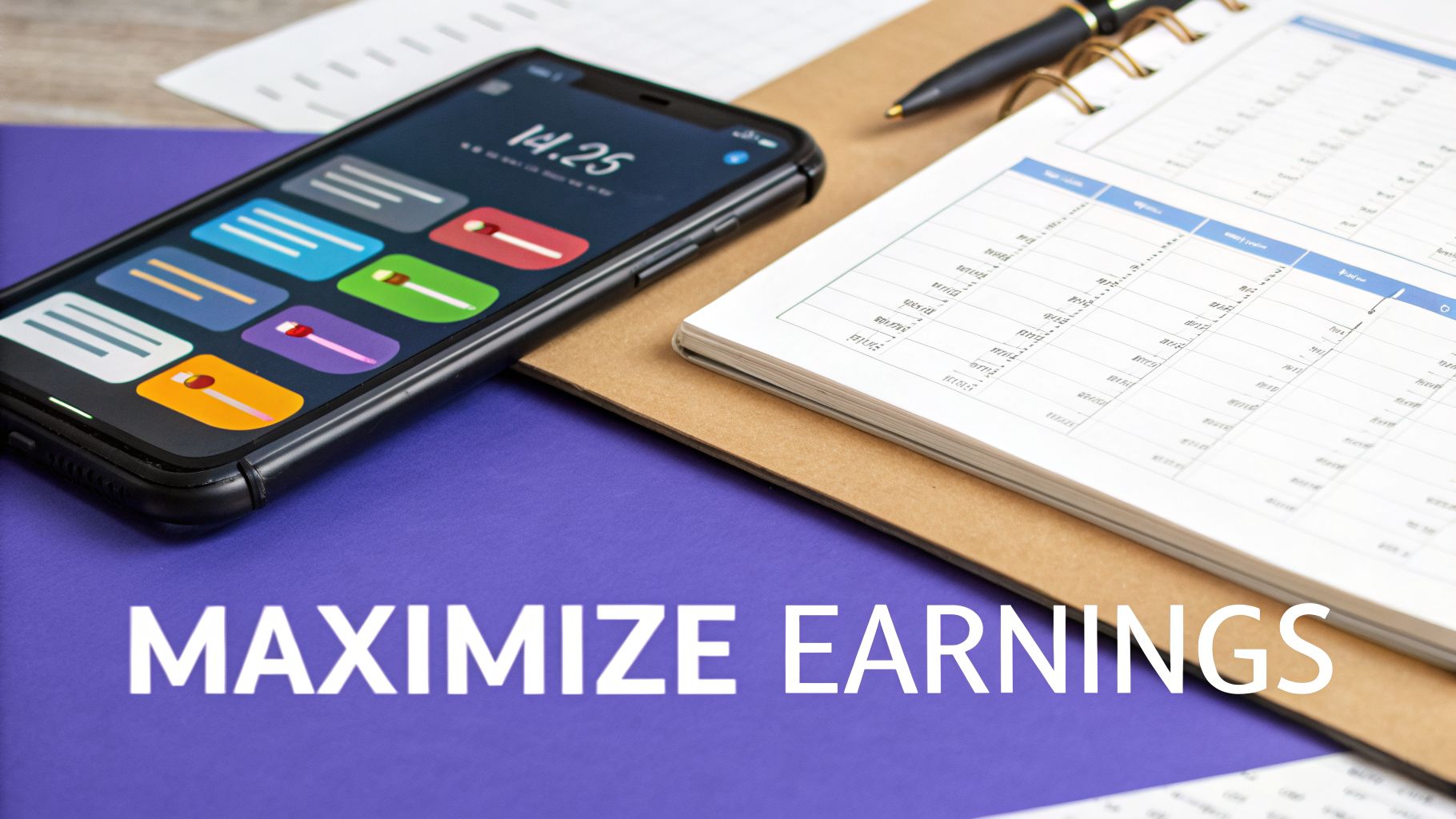 A smartphone displaying a game or financial app, an open planner, and a pen, with 'MAXIMIZE EARNINGS' text.