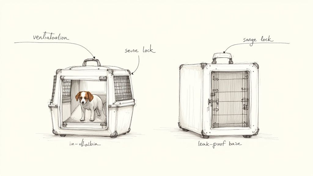 Detailed sketch of a pet travel carrier with a dog, highlighting ventilation, secure locks, and a leak-proof base.