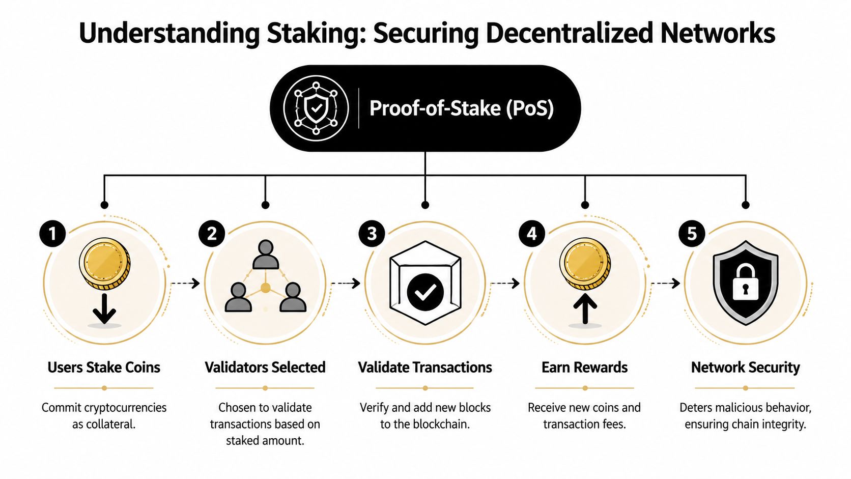 A diagram illustrating the five steps of the Proof-of-Stake consensus mechanism for securing decentralized blockchain networks.