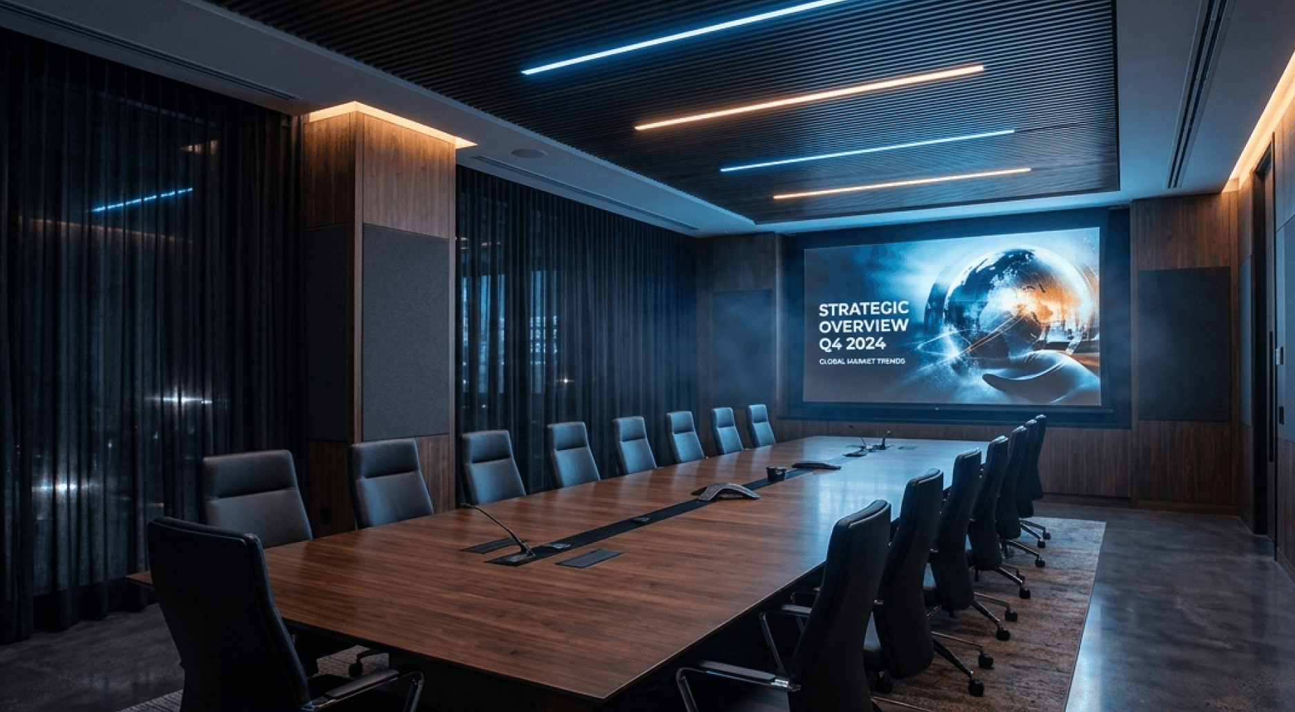 A tall tower emerges from thick fog at night.