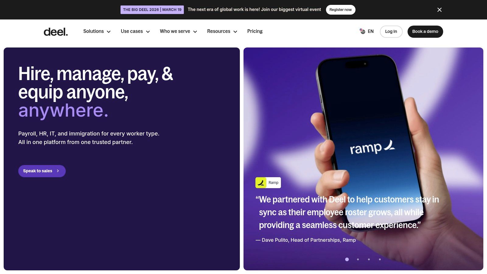 Deel's dashboard for managing global contractors and employees